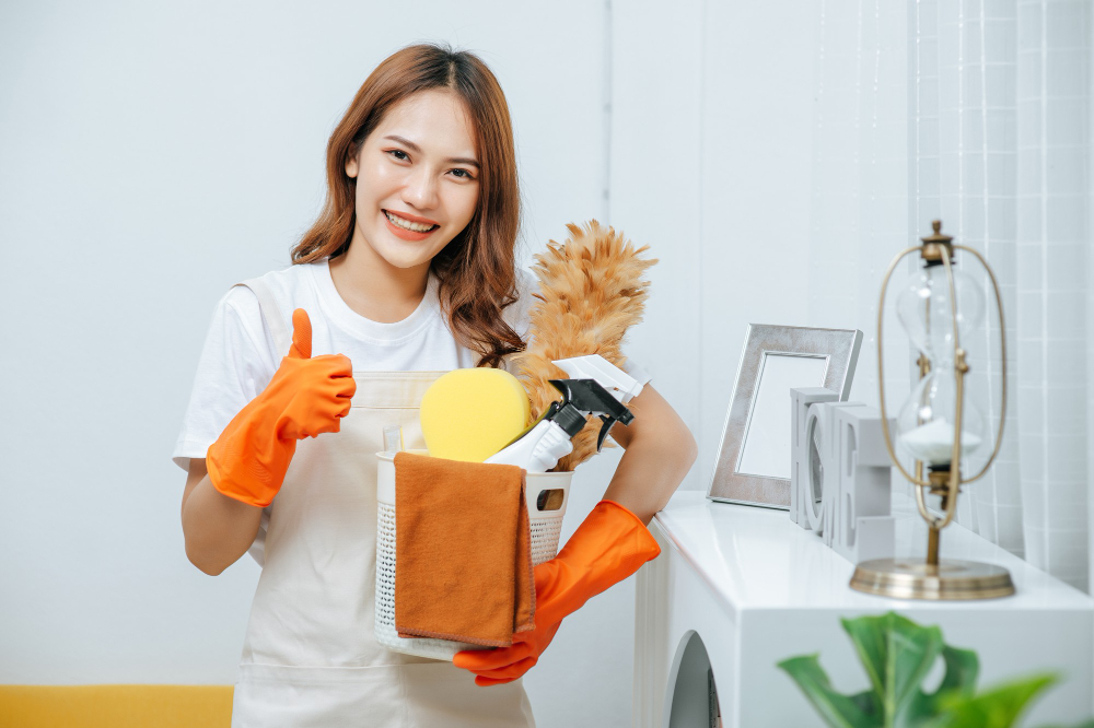 portrait-young-pretty-woman-apron-rubber-gloves-holding-basket-cleaning-equipment-hand-she-smile-thump-up-looking-camera-copy-space