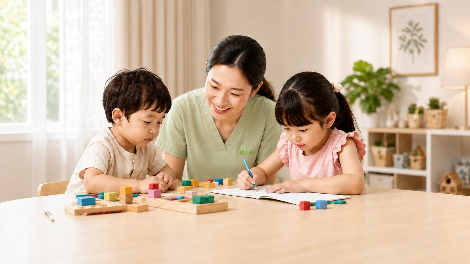 Babysitter caring for two young children at home in Bangkok